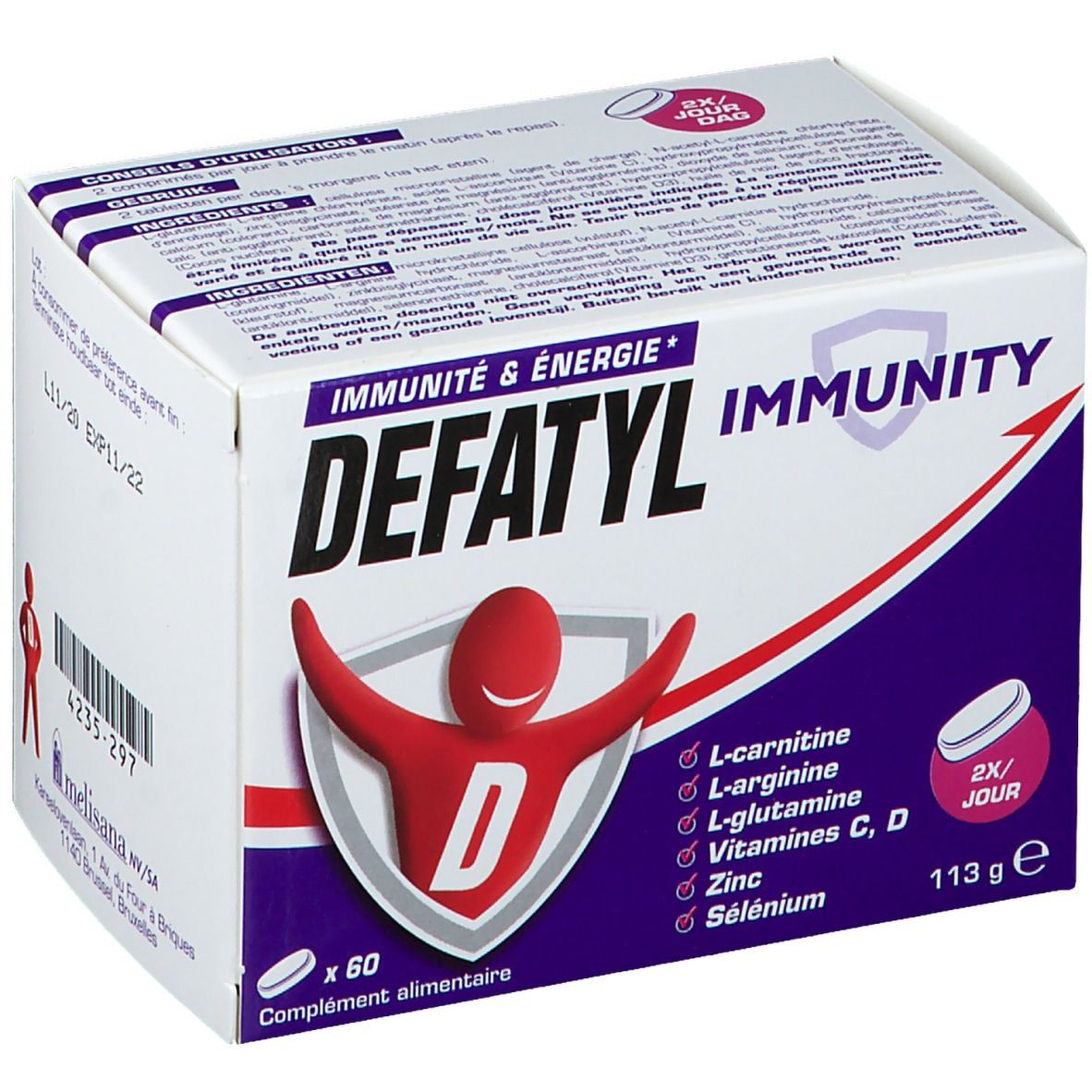 Boîte Defatyl Immunity. Ingrédients: L-carnitine, L-arginine, L-glutamine, vitamines C, D, zinc, sélénium. Contient 60 comprimés. 2x/jour.