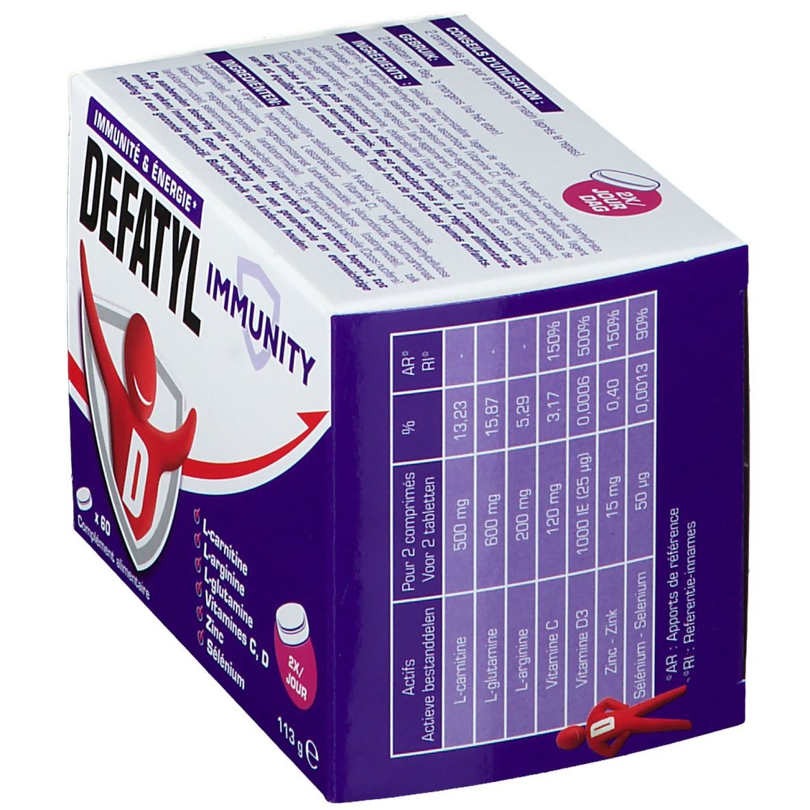 Boîte Defatyl Immunity. Ingrédients et valeurs nutritionnelles. Contient 60 comprimés. 2x/jour. L-carnitine, L-arginine, L-glutamine, vitamines C, D, zinc, sélénium.