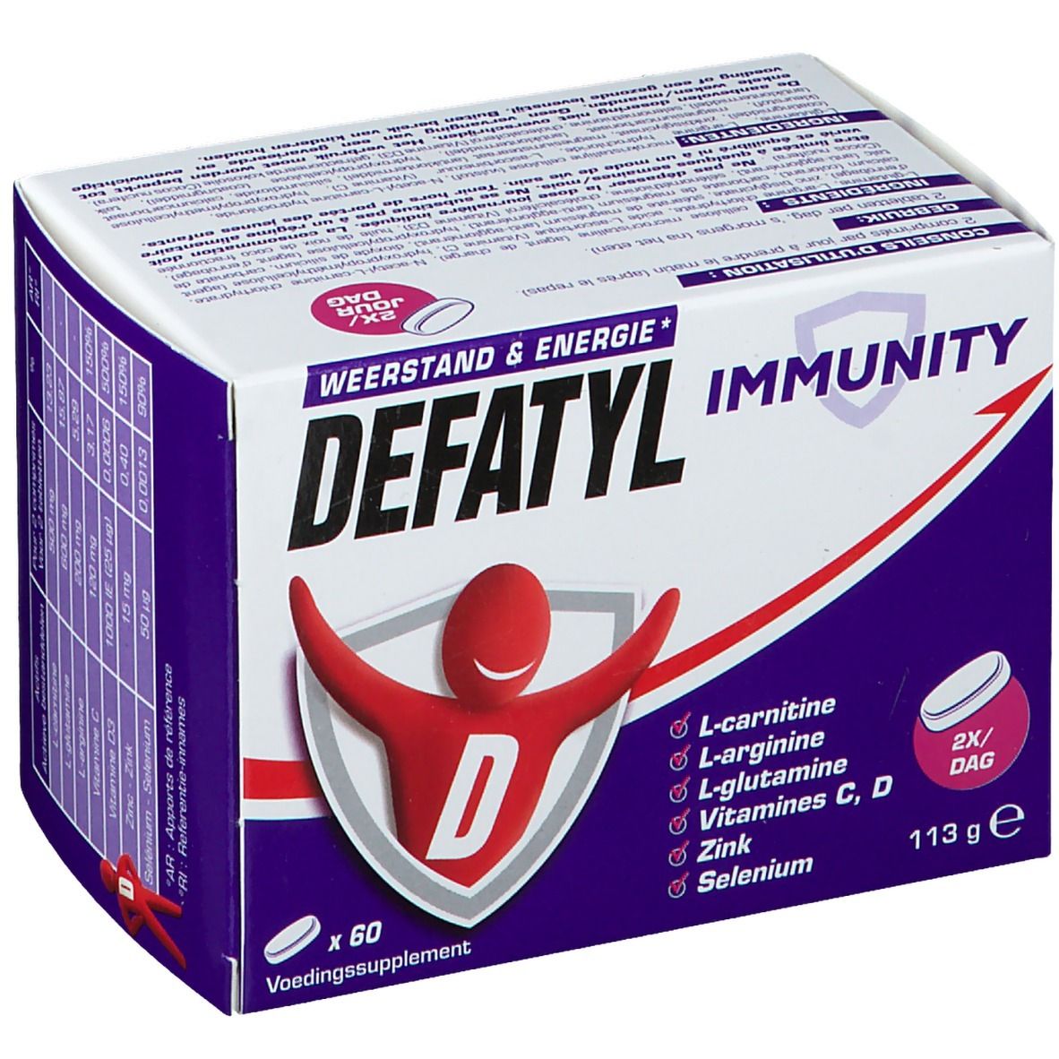 Boîte Defatyl Immunity. Contient 60 comprimés. Ingrédients: L-carnitine, L-arginine, L-glutamine, vitamines C, D, zinc, sélénium. 2x/jour. Complément alimentaire.