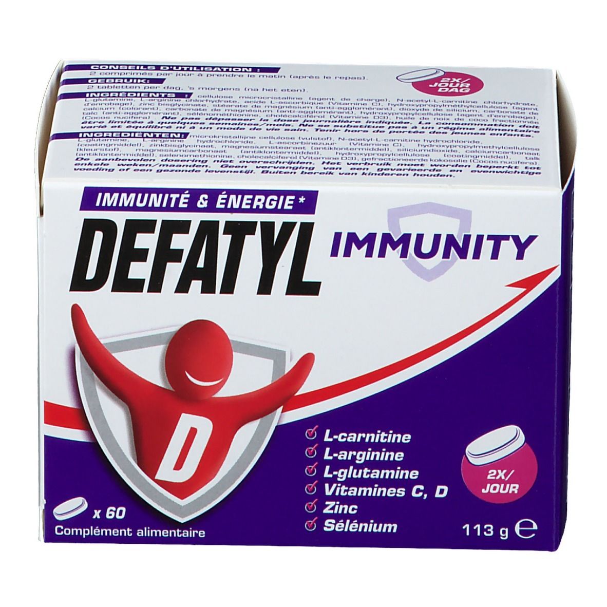 Boîte Defatyl Immunity. Contient 60 comprimés. Ingrédients: L-carnitine, L-arginine, L-glutamine, vitamines C, D, zinc, sélénium. 2x/jour.