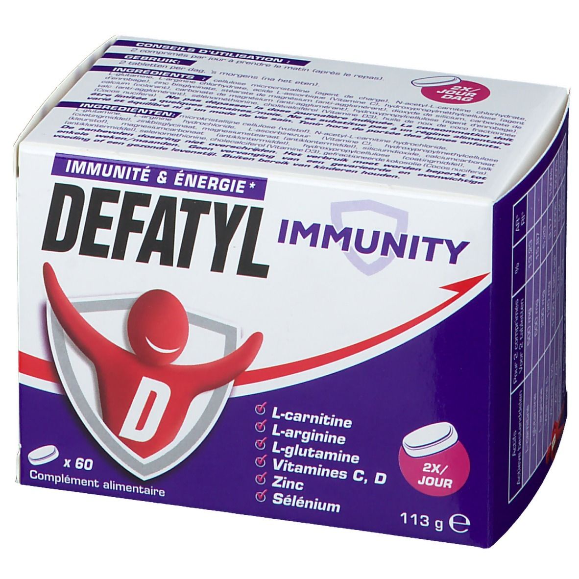 Boîte Defatyl Immunity. Contient 60 comprimés. Ingrédients: L-carnitine, L-arginine, L-glutamine, vitamines C, D, zinc, sélénium. 2x/jour.
