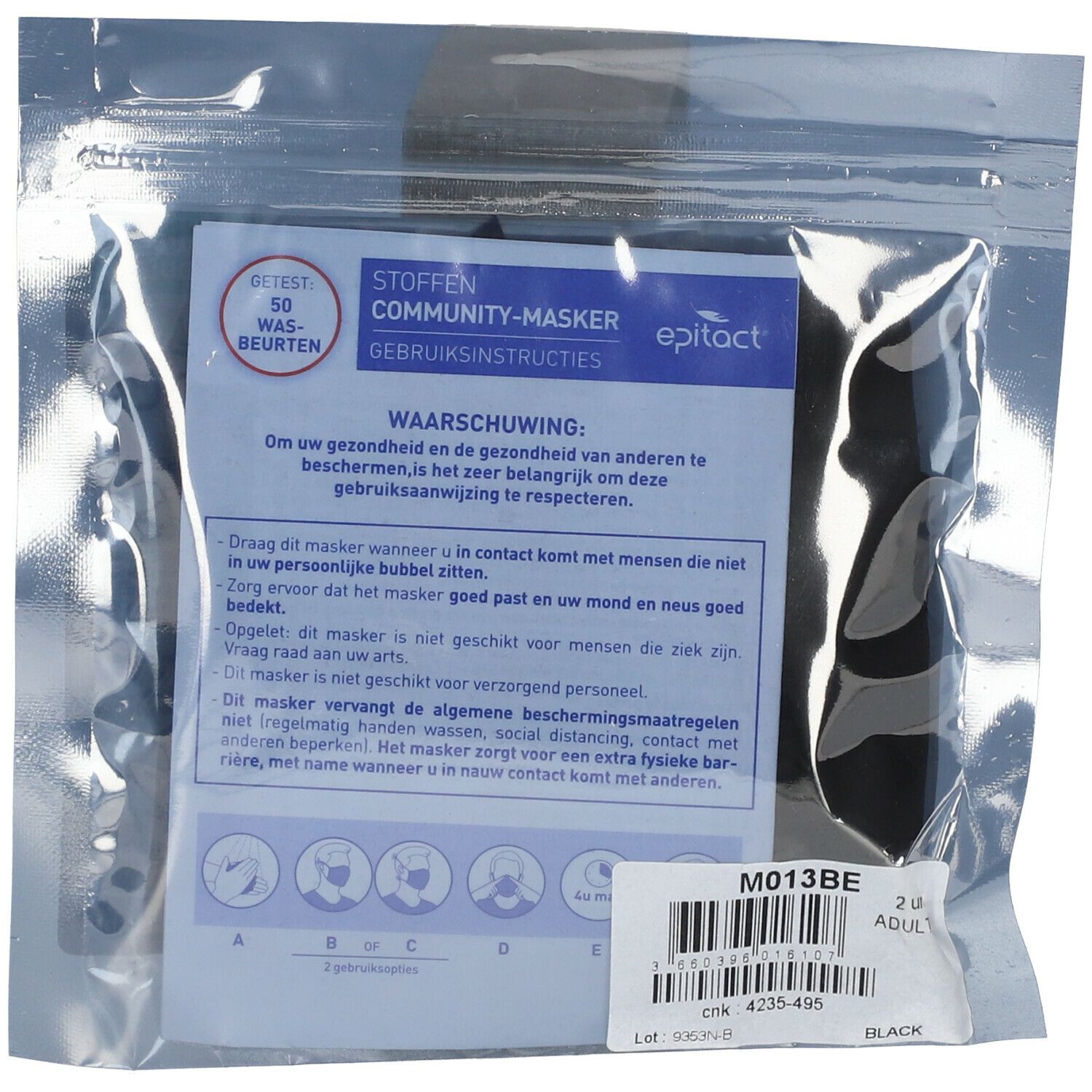 Verpackung mit zwei schwarzen epitact® Stoffmasken und Gebrauchsanweisung.
