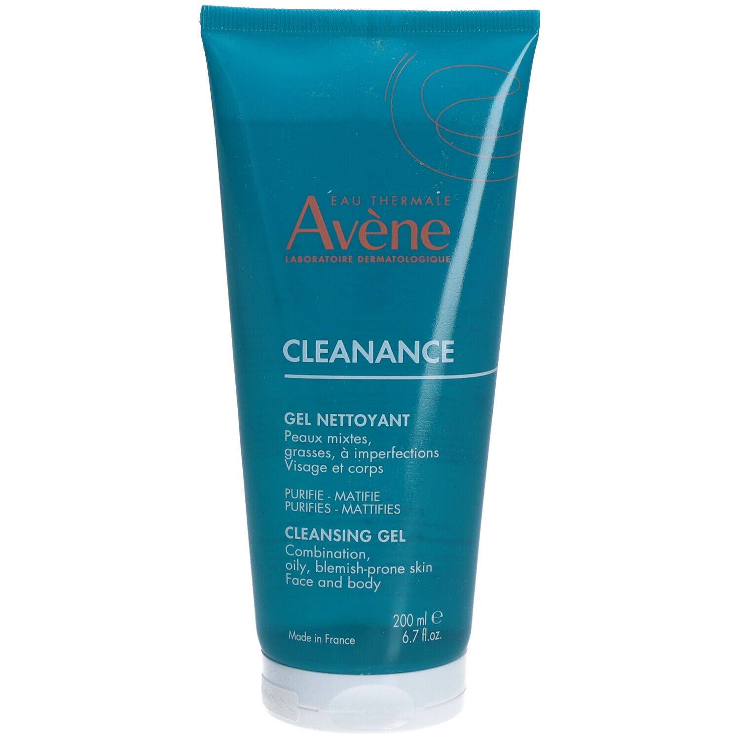 Blauwgroene tube Avène Cleanance reinigingsgel. Tekst in het Frans en Engels. 200 ml.