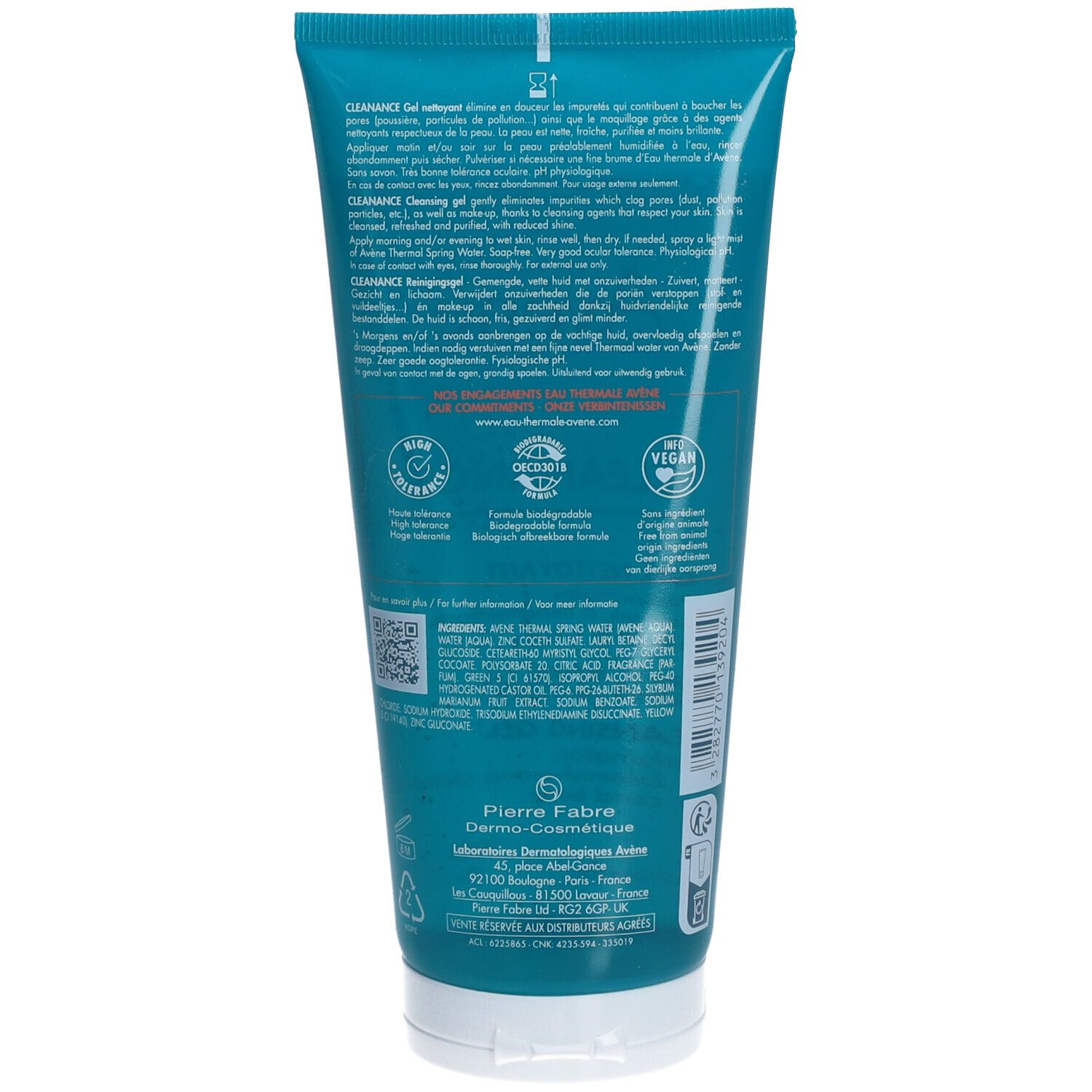 Achterkant van de tube Avène Cleanance reinigingsgel. Tekst in het Frans. Bevat informatie en certificeringen.