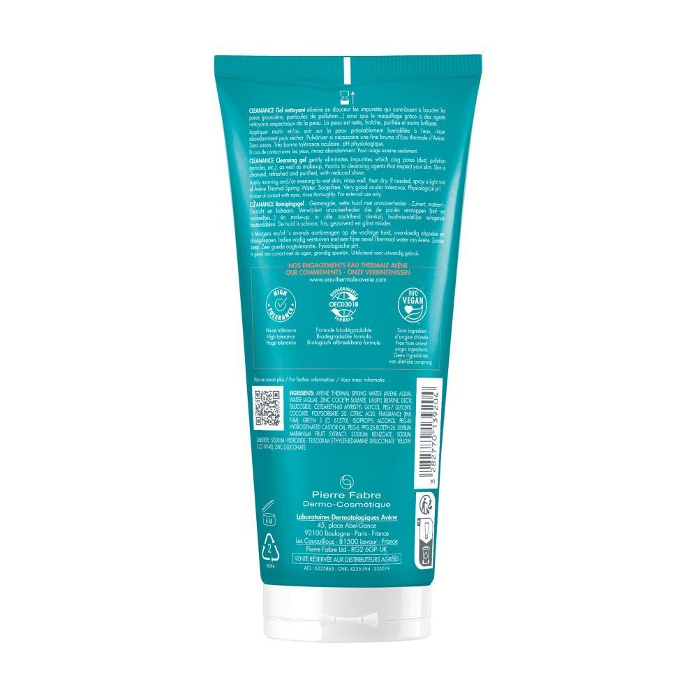 Achterkant van de tube Avène Cleanance reinigingsgel. Tekst in het Frans. Informatie en certificeringen.