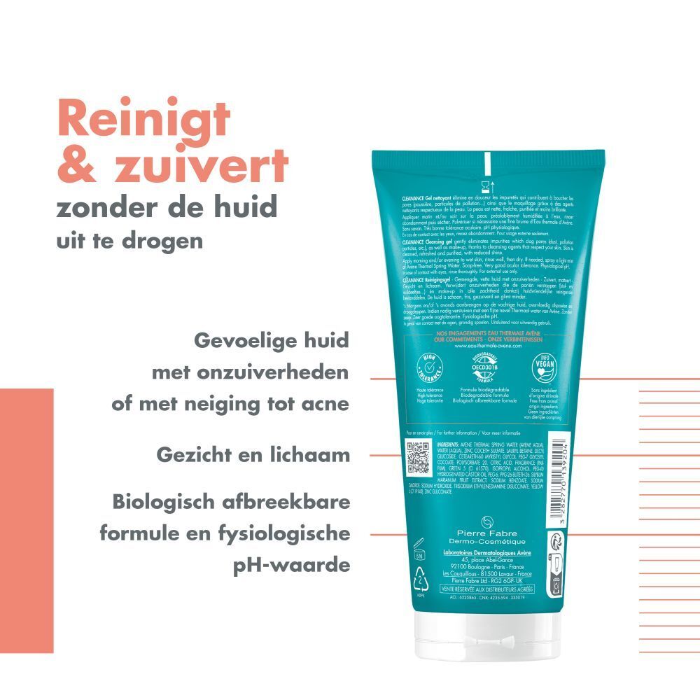 Achterkant van de tube Avène Cleanance reinigingsgel. Tekst in het Nederlands. Informatie en certificeringen.
