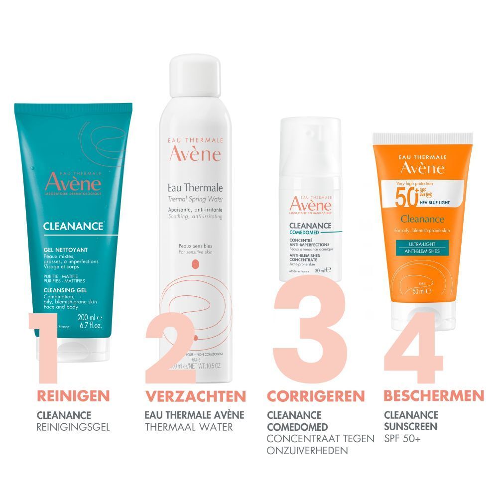 Illustratie van ingrediënten. Tekst in het Nederlands. Comedoclastin, actieve ingrediënt.