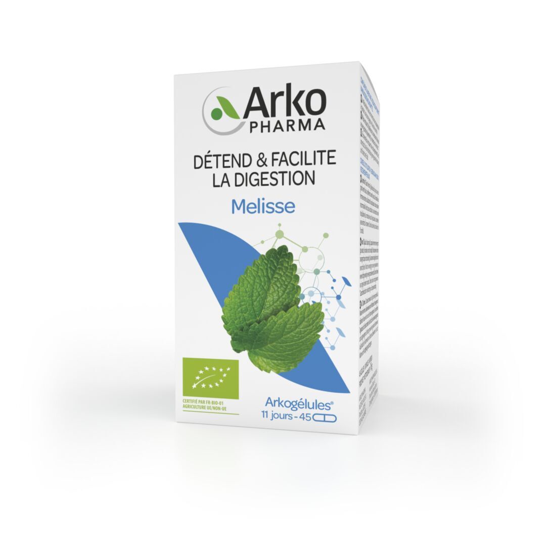 Emballage du produit. Emballage avec logo, texte et image de mélisse. Arkocaps Melisse Bio.