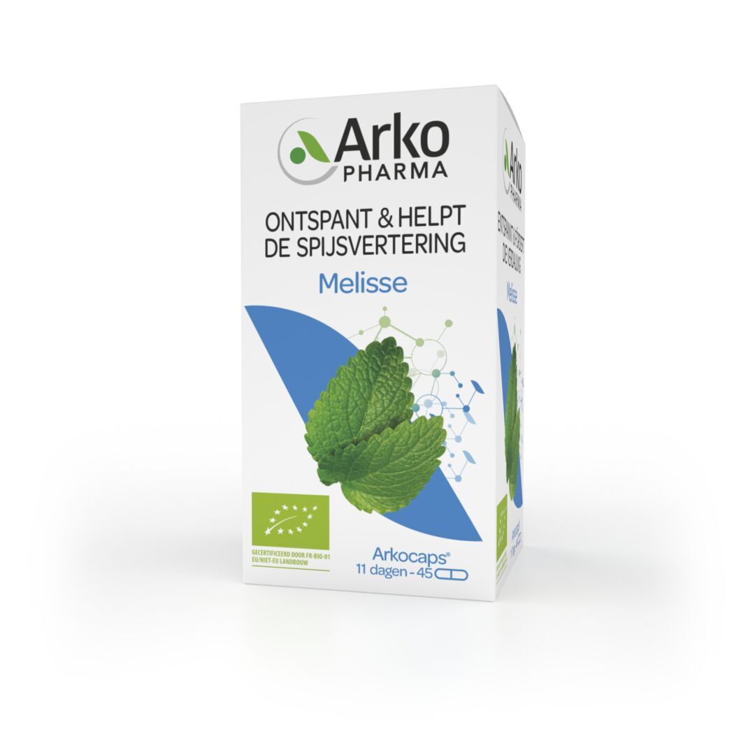 Productverpakking. Verpakking met logo, tekst en afbeelding van citroenmelisse. Arkocaps Melisse Bio.