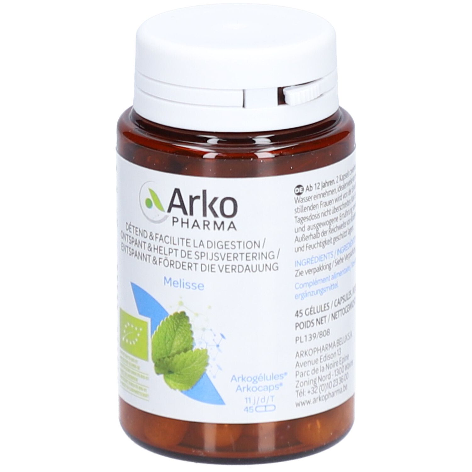 Bruine fles met witte dop. Etiket met logo, tekst en afbeelding van citroenmelisse. Arkocaps Melisse Bio.