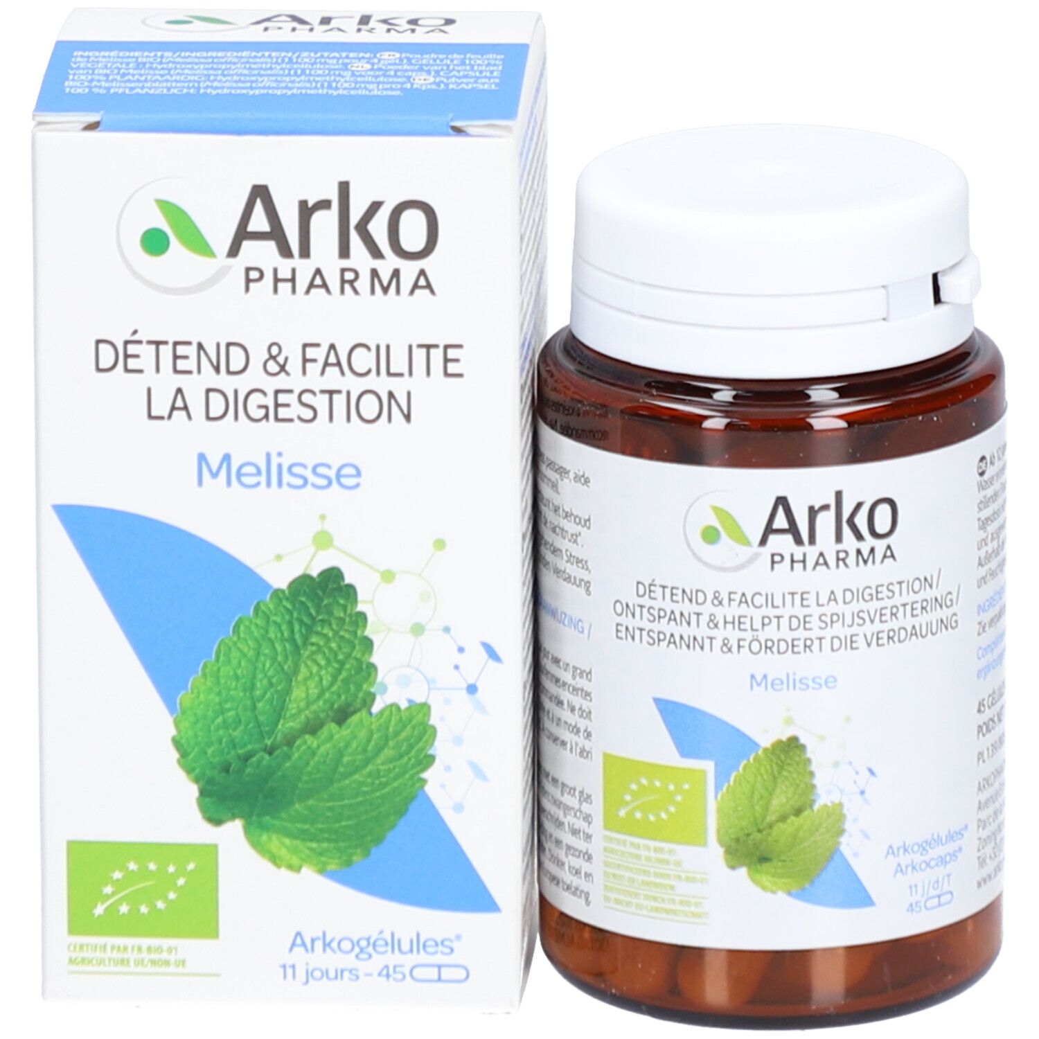 Verpakking en fles. Verpakking met logo, tekst en afbeelding van citroenmelisse. Arkocaps Melisse Bio.