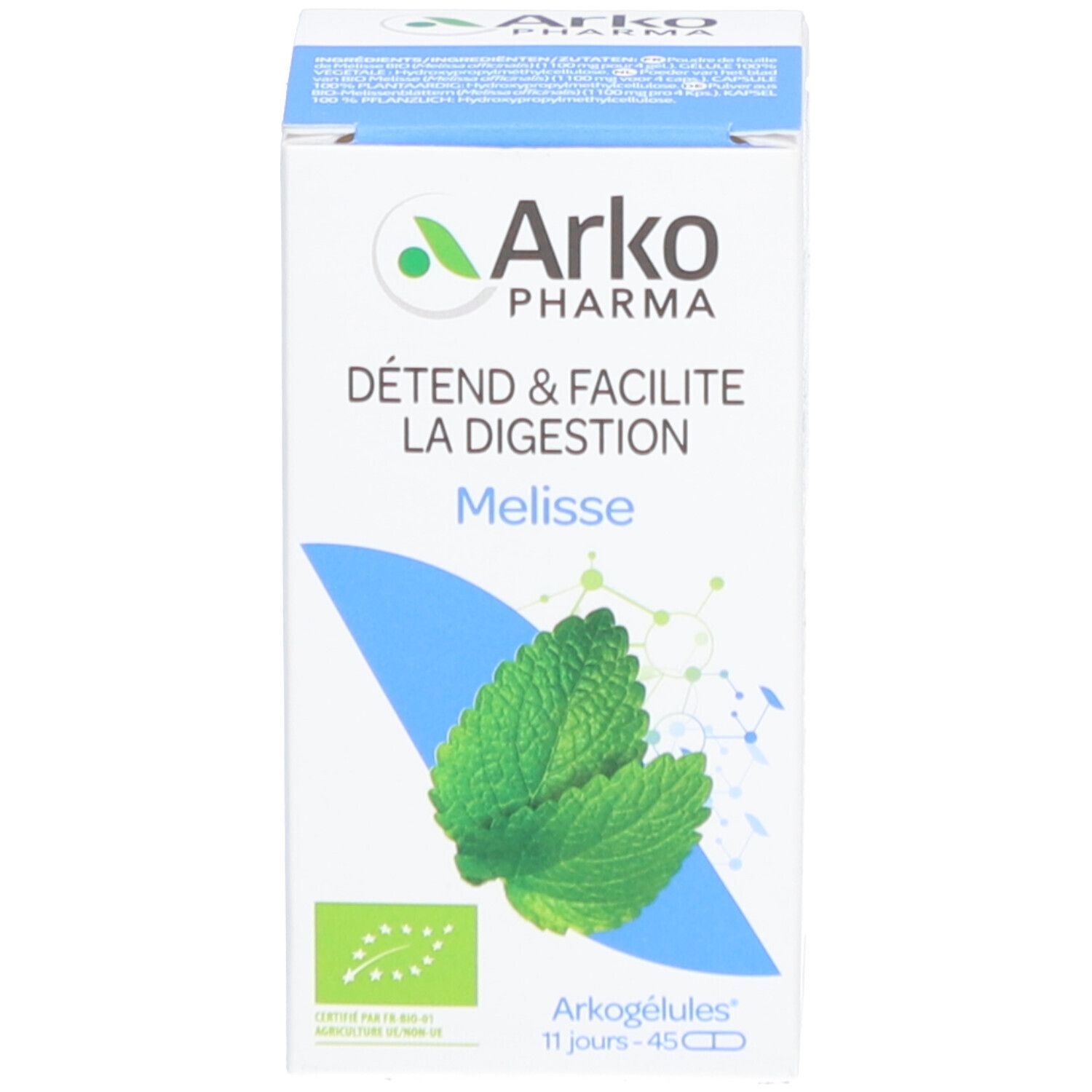 Productverpakking. Verpakking met logo, tekst en afbeelding van citroenmelisse. Arkocaps Melisse Bio.