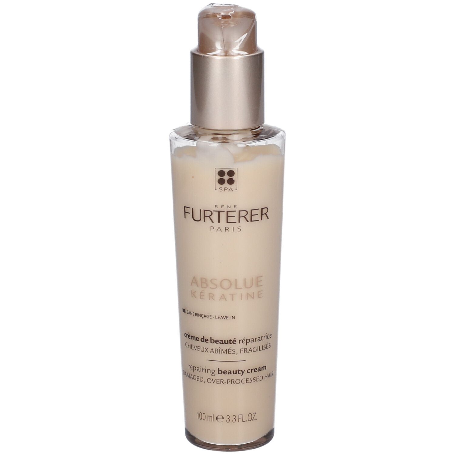 Rene Furterer Absolue Kératine. Creme-Flakon mit Pumpverschluss. Beige Flüssigkeit. Aufschrift: Absolue Kératine, Creme.