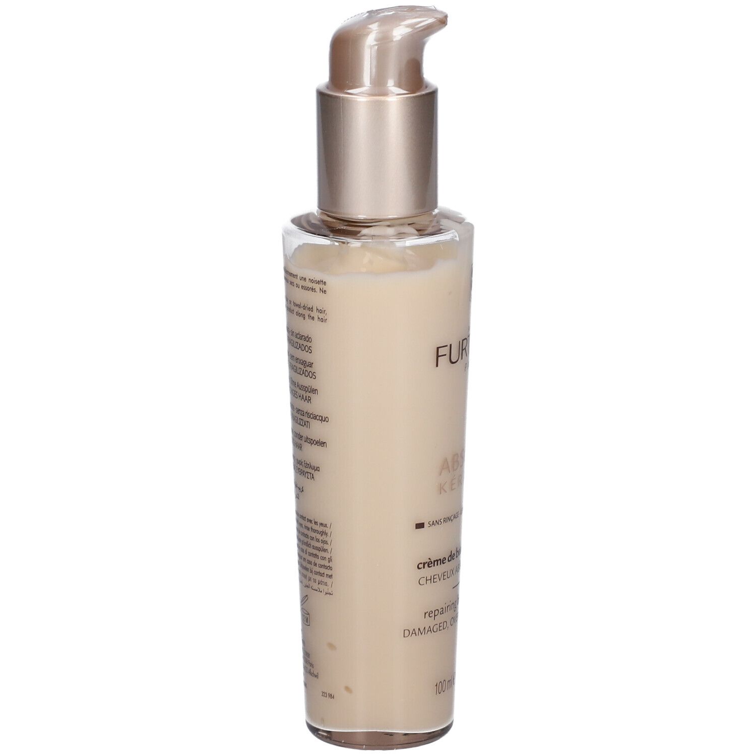 Rene Furterer Absolue Kératine. Creme-Flakon mit Pumpverschluss. Beige Flüssigkeit. Text auf der Rückseite.
