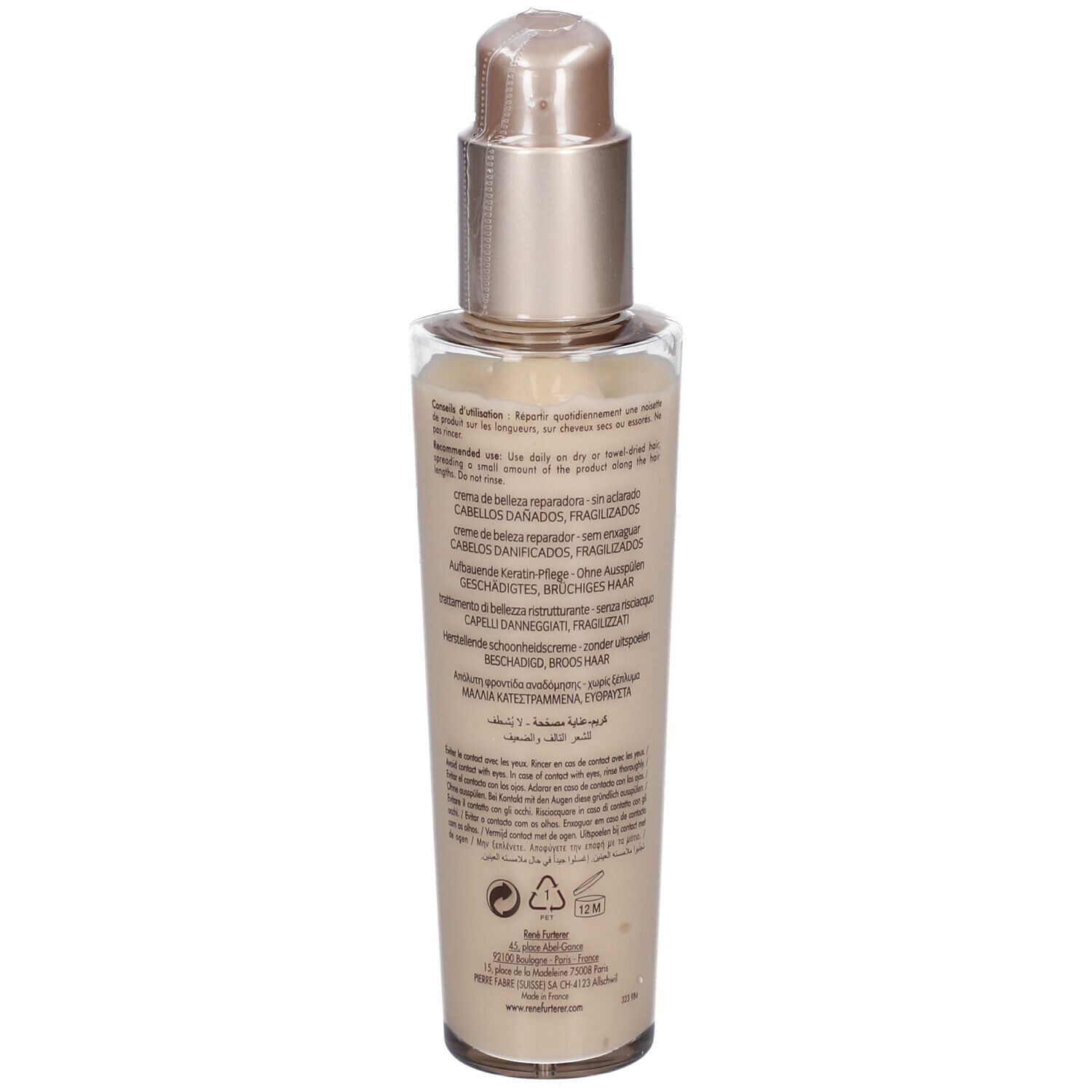 Rene Furterer Absolue Kératine. Creme-Flakon mit Pumpverschluss. Beige Flüssigkeit. Text auf der Rückseite.