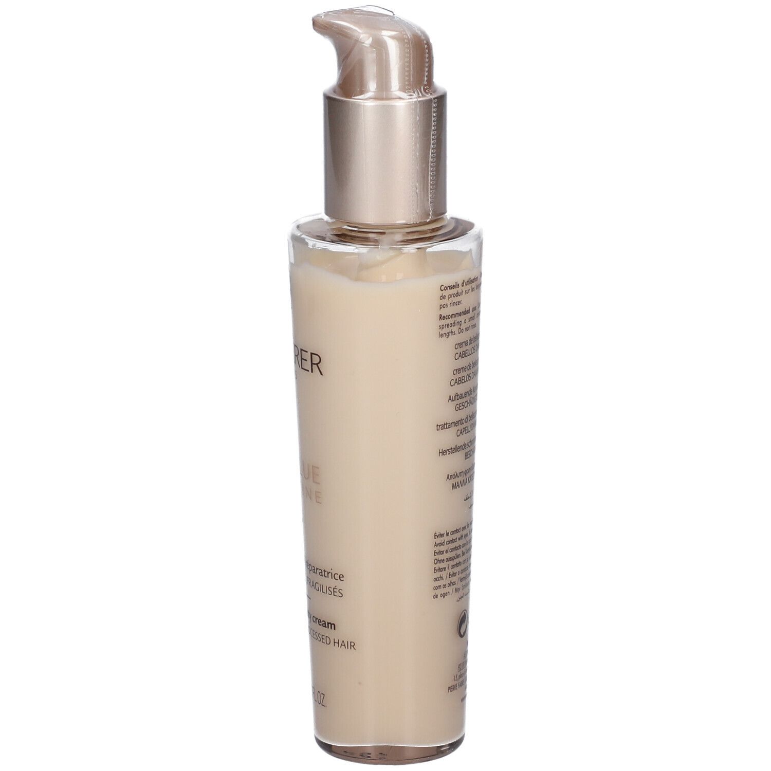 Rene Furterer Absolue Kératine. Creme-Flakon mit Pumpverschluss. Beige Flüssigkeit. Text auf der Rückseite.