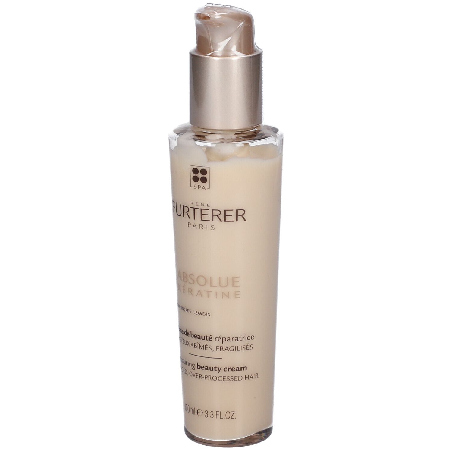 Rene Furterer Absolue Kératine. Creme-Flakon mit Pumpverschluss. Beige Flüssigkeit. Aufschrift: Absolue Kératine, Creme.