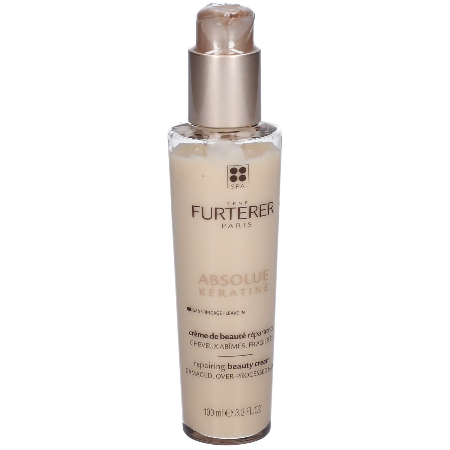 Rene Furterer Absolue Kératine. Creme-Flakon mit Pumpverschluss. Beige Flüssigkeit. Aufschrift: Absolue Kératine, Creme.