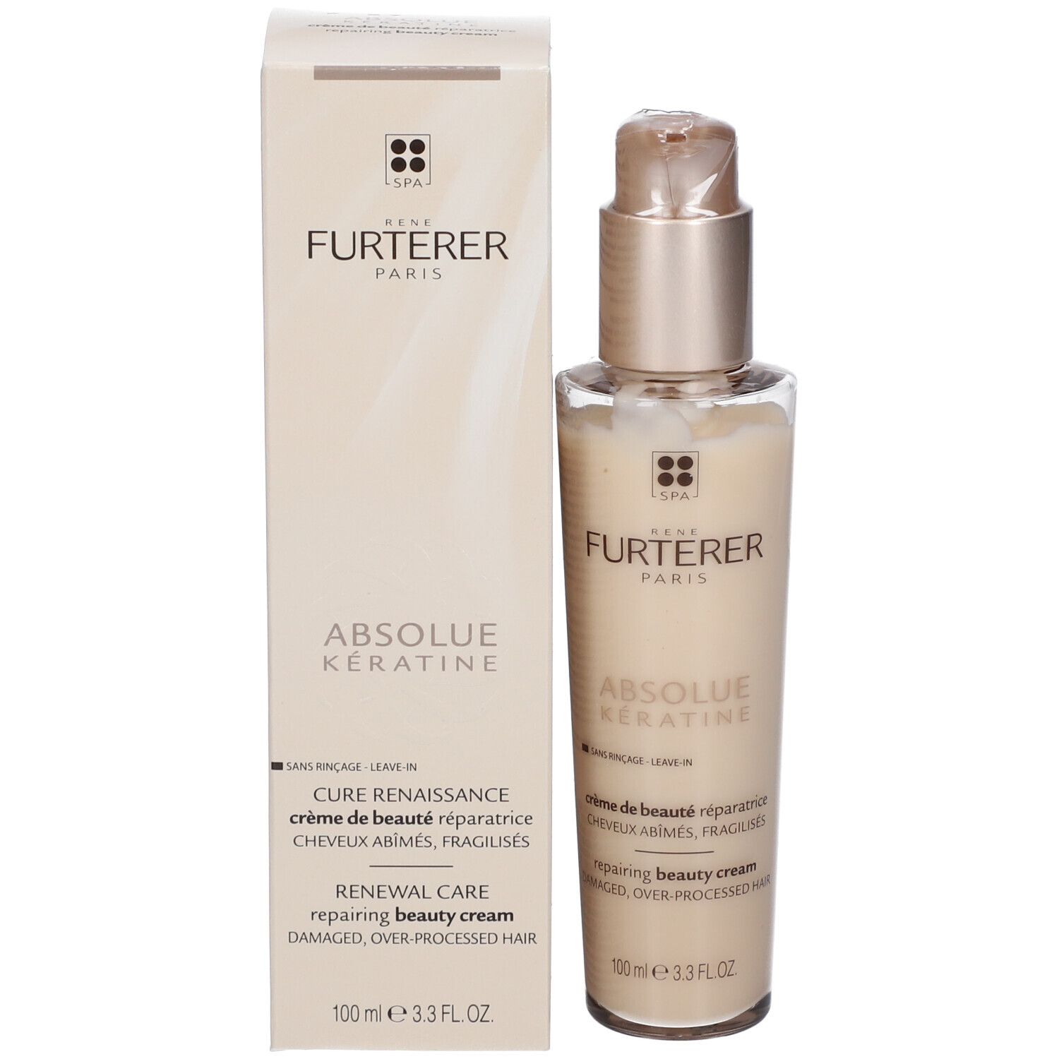 Rene Furterer Absolue Kératine. Produkt und Verpackung. Creme-Flakon und Karton. Aufschrift: Absolue Kératine.