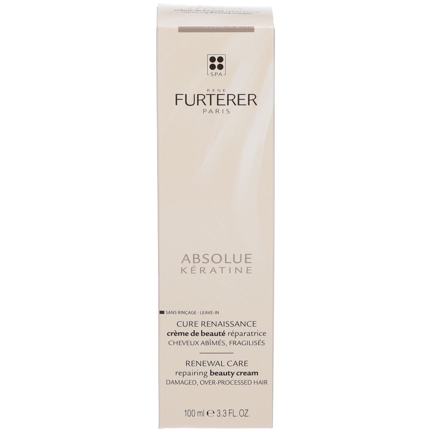 Rene Furterer Absolue Kératine. Produktverpackung. Karton. Aufschrift: Absolue Kératine, Creme.