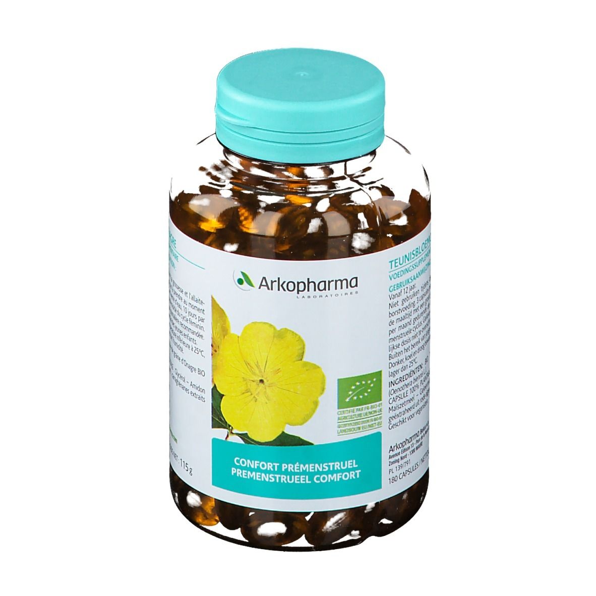 Transparante fles capsules met blauwe dop. Etiket met productinformatie en Arkopharma-logo.