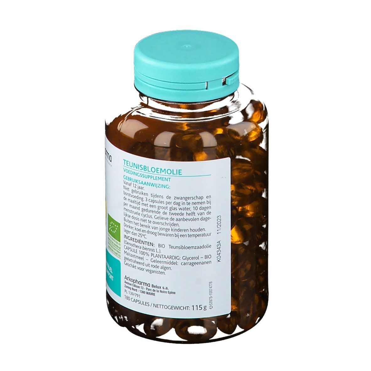 Achterkant van een fles capsules. Etiket met productinformatie, ingrediënten en Arkopharma-logo.