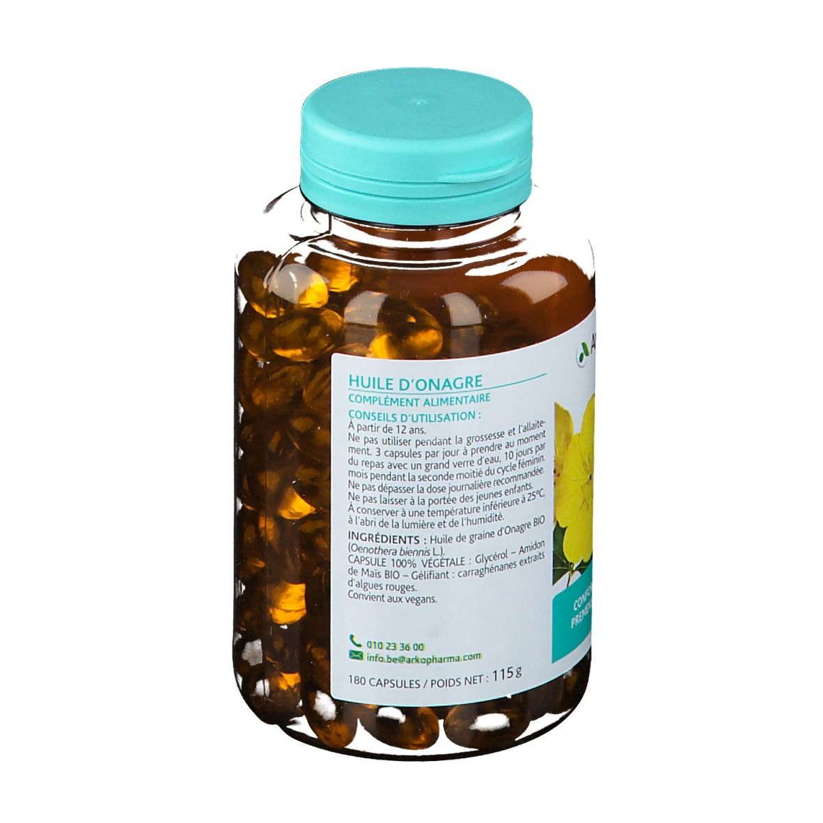 Achterkant van een fles capsules. Etiket met productinformatie, ingrediënten en Arkopharma-logo.