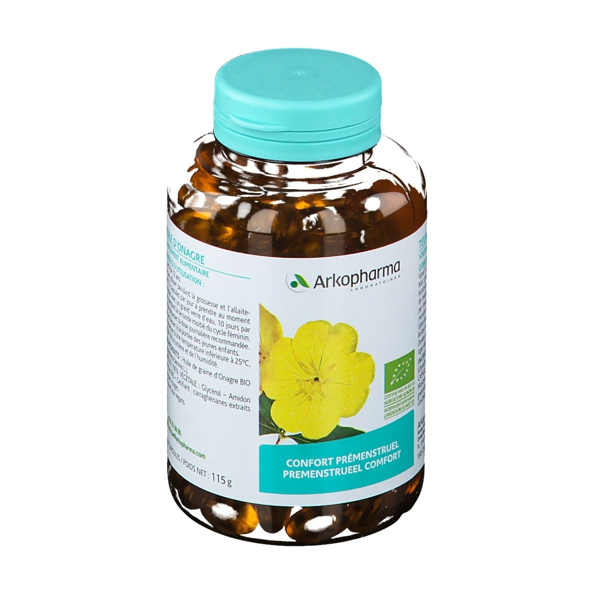 Fles met capsules, blauwe dop en etiket met productinformatie en Arkopharma-logo.