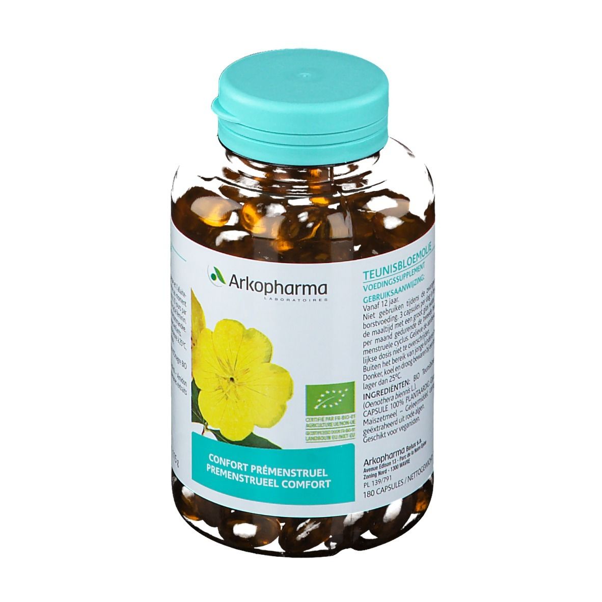 Fles met capsules, blauwe dop en etiket met productinformatie en Arkopharma-logo.