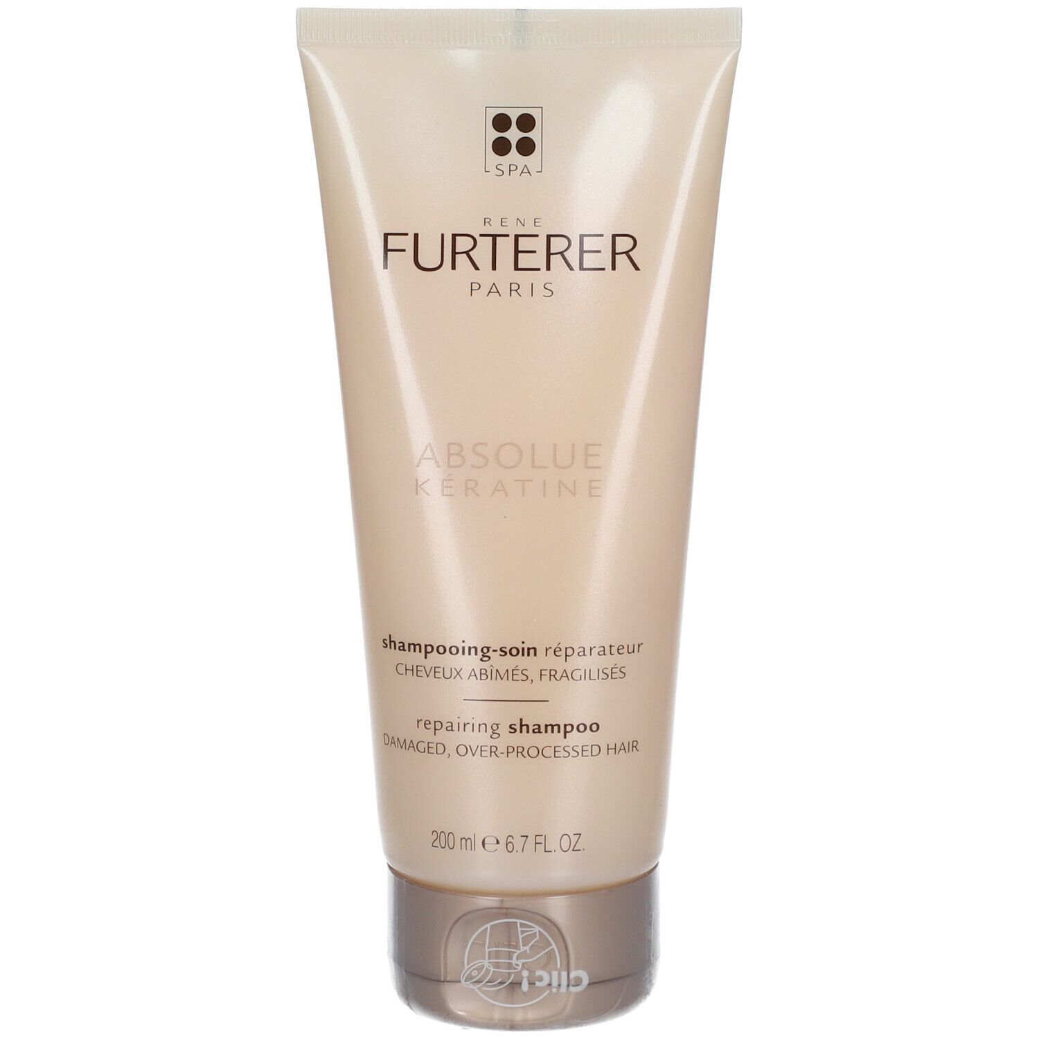 Tube beige de shampooing. Inscription: René Furterer Paris, Absolue Kératine, Repairing Shampoo. 200 ml.
