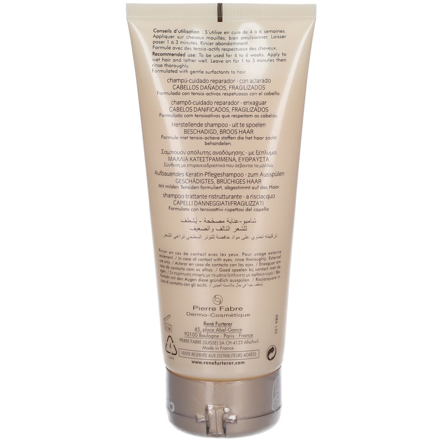 Dos du tube de shampooing. Informations produit multilingues. Fabricant: Pierre Fabre. Logo: René Furterer.