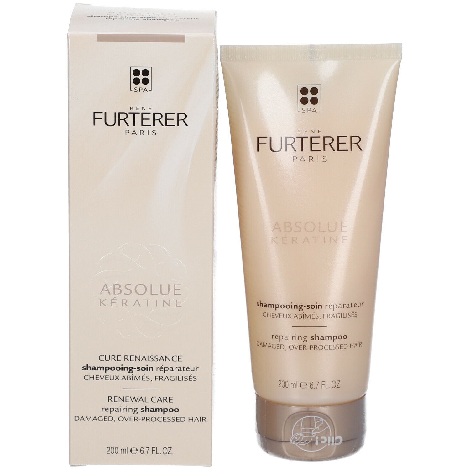 Tube de shampooing et emballage. Inscription: René Furterer Paris, Absolue Kératine, Repairing Shampoo. 200 ml.