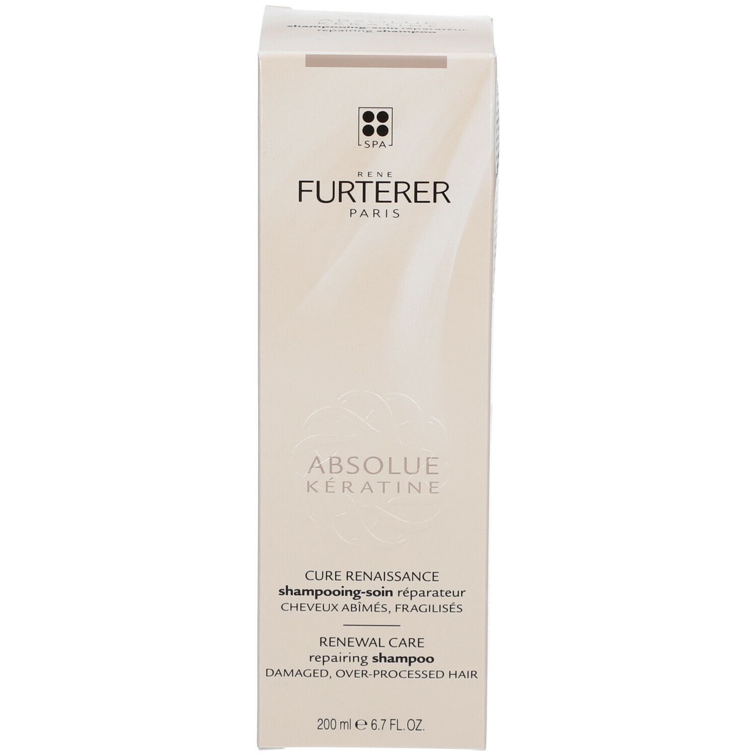 Emballage du shampooing. Inscription: René Furterer Paris, Absolue Kératine, Repairing Shampoo. 200 ml.
