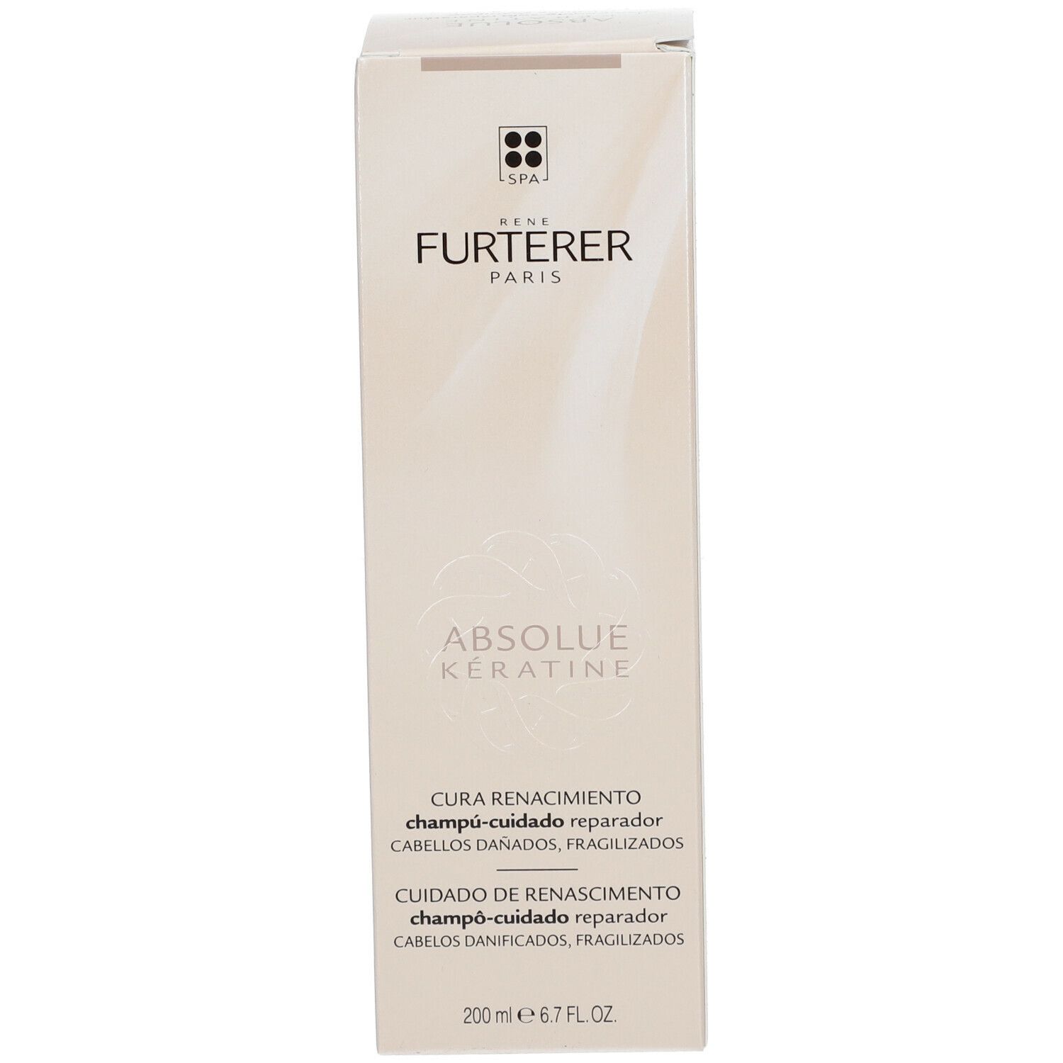 Emballage. Inscription: René Furterer Paris, Absolue Kératine, Repairing Shampoo. 200 ml.