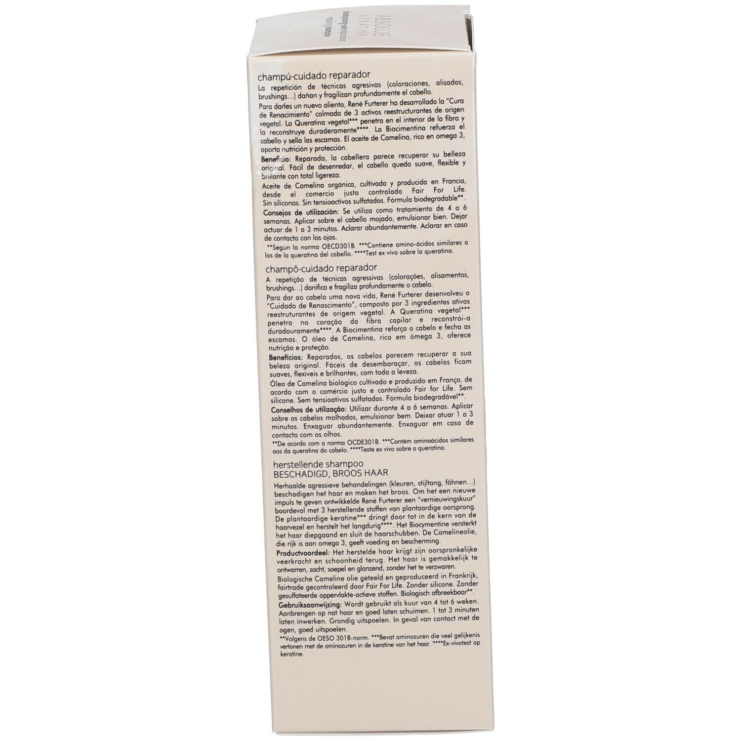 Côté de l'emballage. Informations produit. Logo: René Furterer. Texte multilingue.