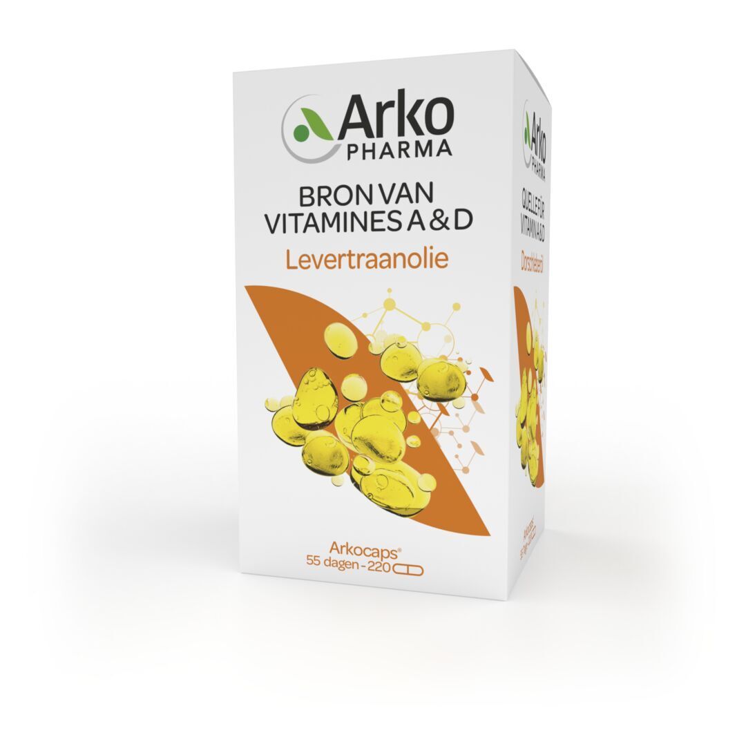 Produktverpackung. Aufschrift: Bron van Vitaminen A&D, Levertraanolie, Arkopharma.