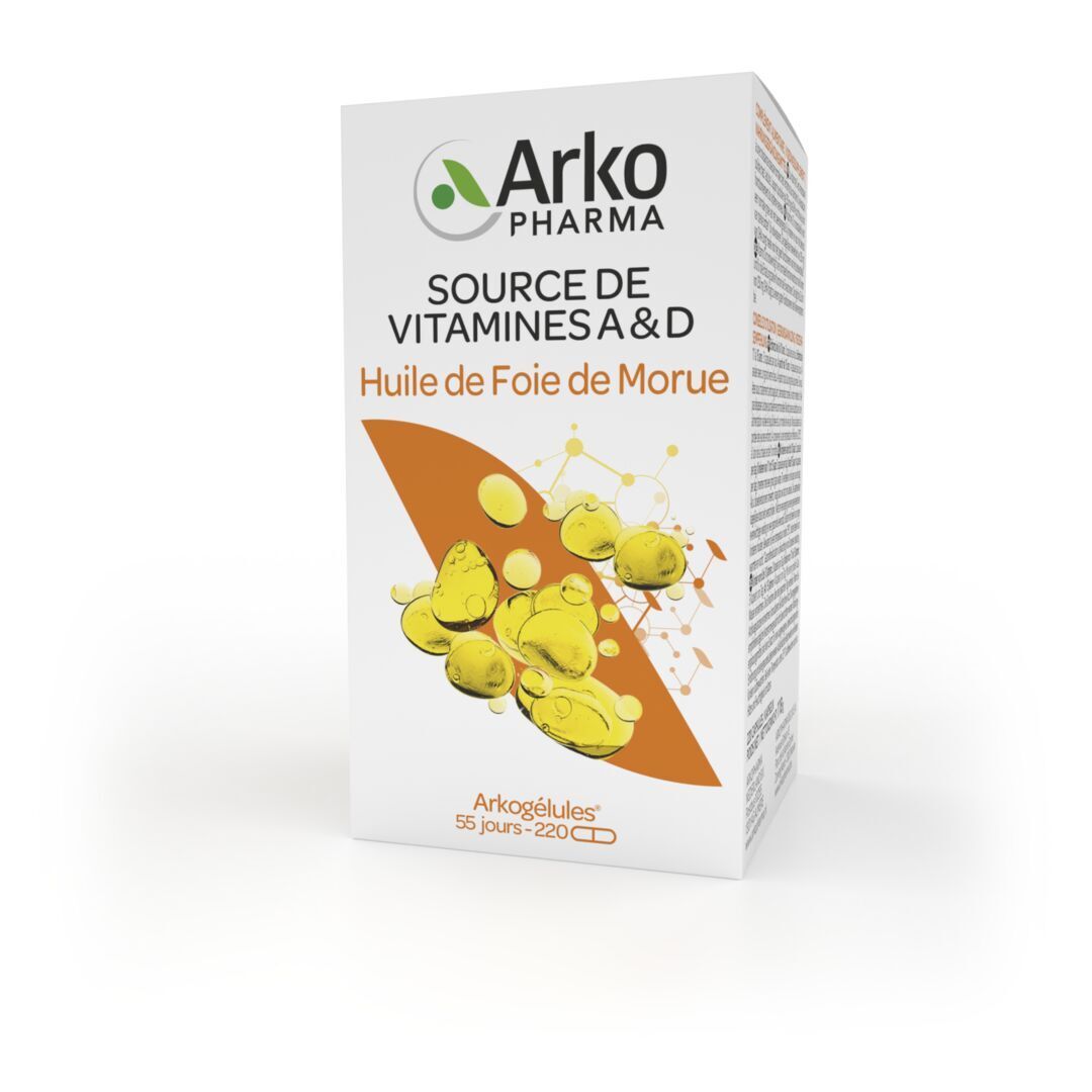 Emballage du produit. Inscription: Source de Vitamines A&D, Huile de Foie de Morue, Arkopharma.