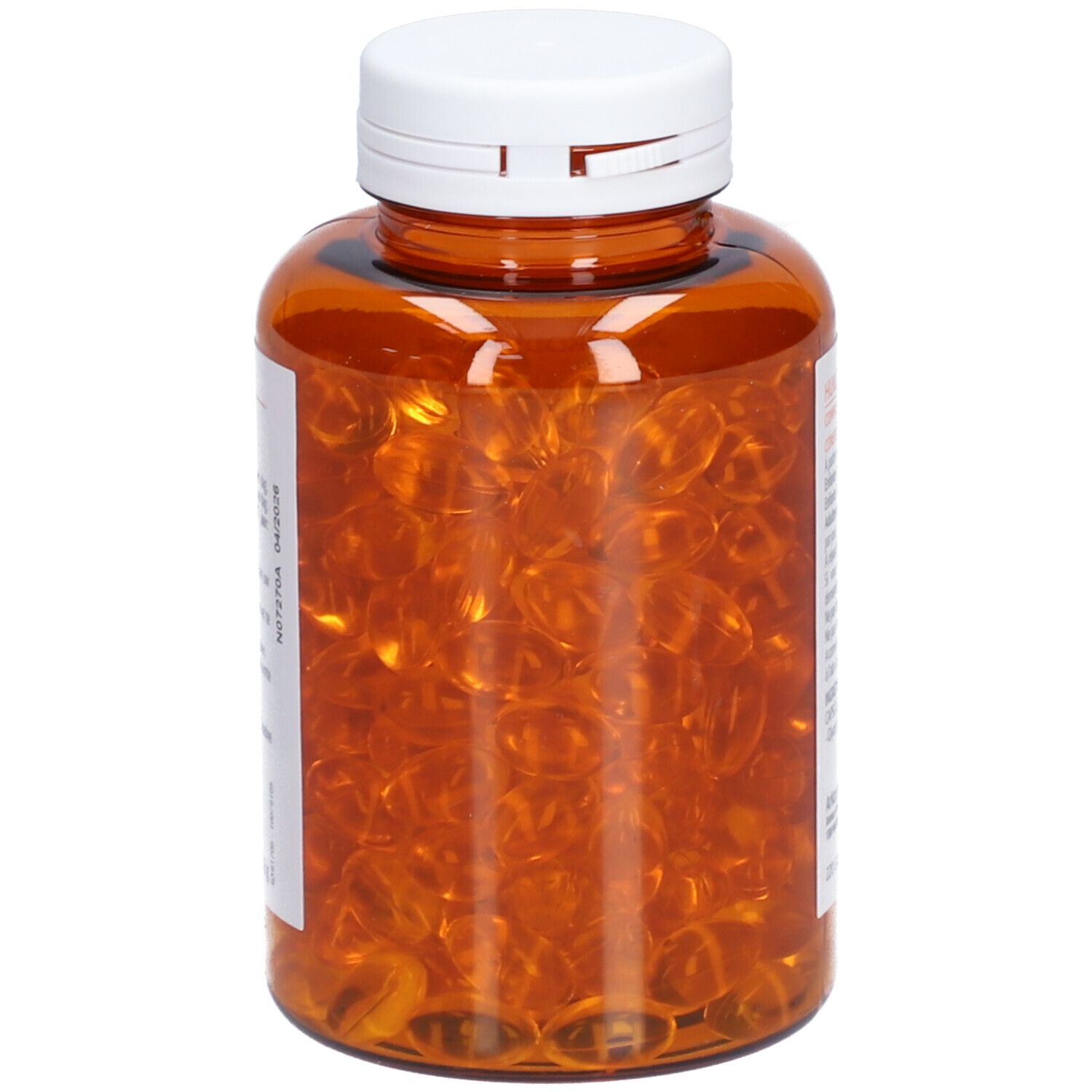 Braune Flasche mit weißen Deckel. Enthält Kapseln. Produktansicht von der Seite.