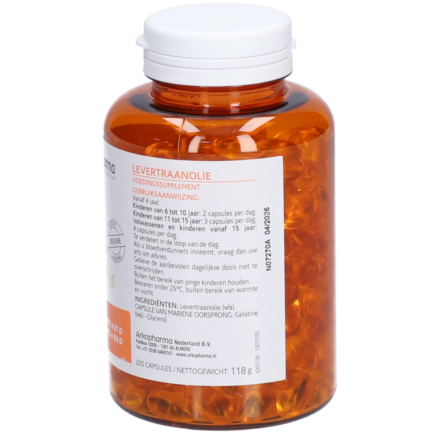 Braune Flasche mit weißen Deckel. Enthält Kapseln. Aufschrift: Levertraanolie, Arkopharma.