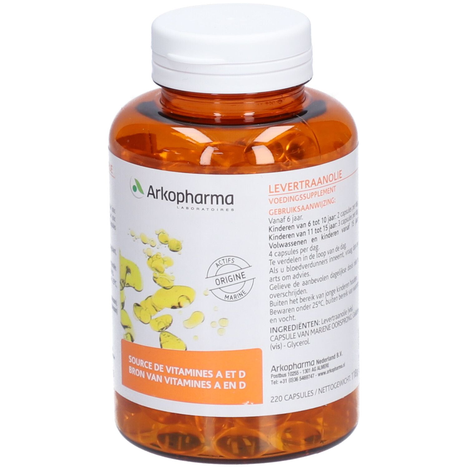 Braune Flasche mit weißen Deckel. Enthält Kapseln. Aufschrift: Source de Vitamines A et D, Arkopharma.