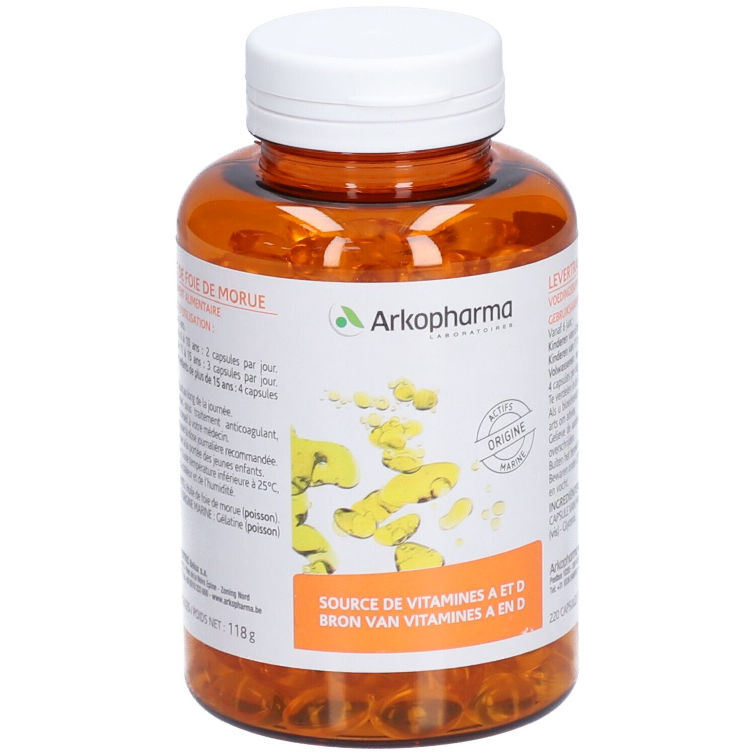Braune Flasche mit weißen Deckel. Enthält Kapseln. Aufschrift: Source de Vitamines A et D, Arkopharma.