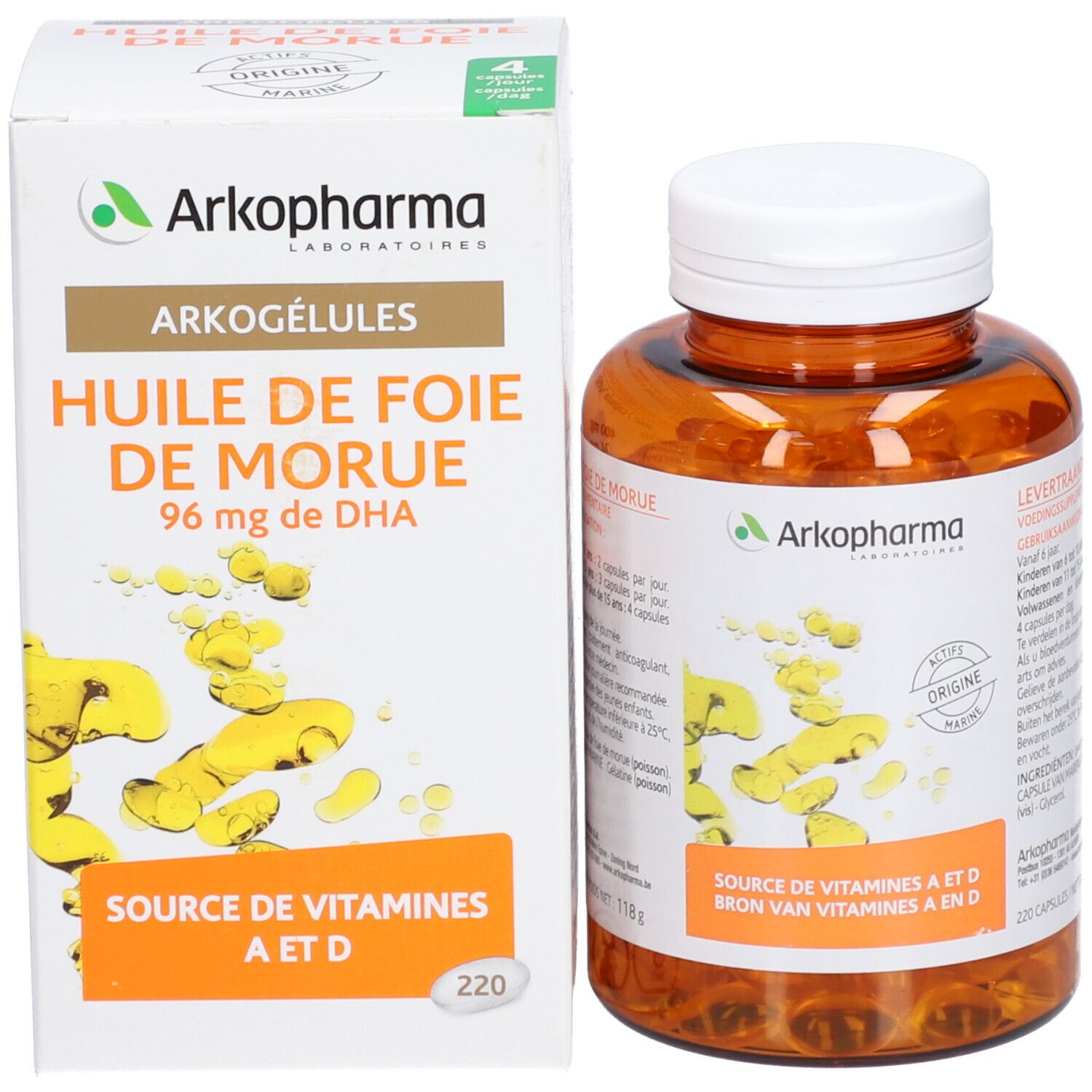 Produktverpackung und Flasche mit Kapseln. Aufschrift: Arkogélules, Huile de Foie de Morue, 96 mg de DHA.