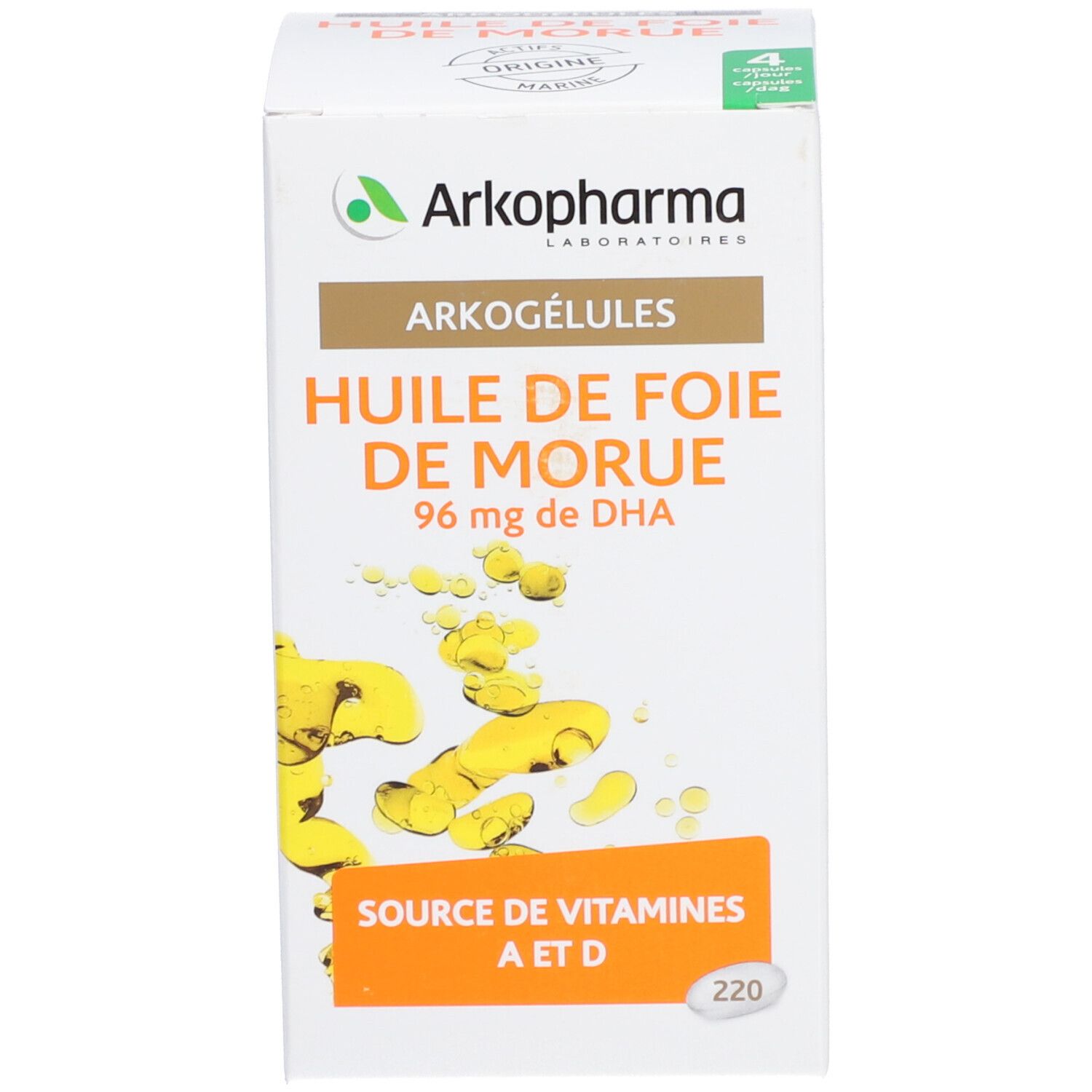 Produktverpackung. Aufschrift: Arkogélules, Huile de Foie de Morue, 96 mg de DHA.