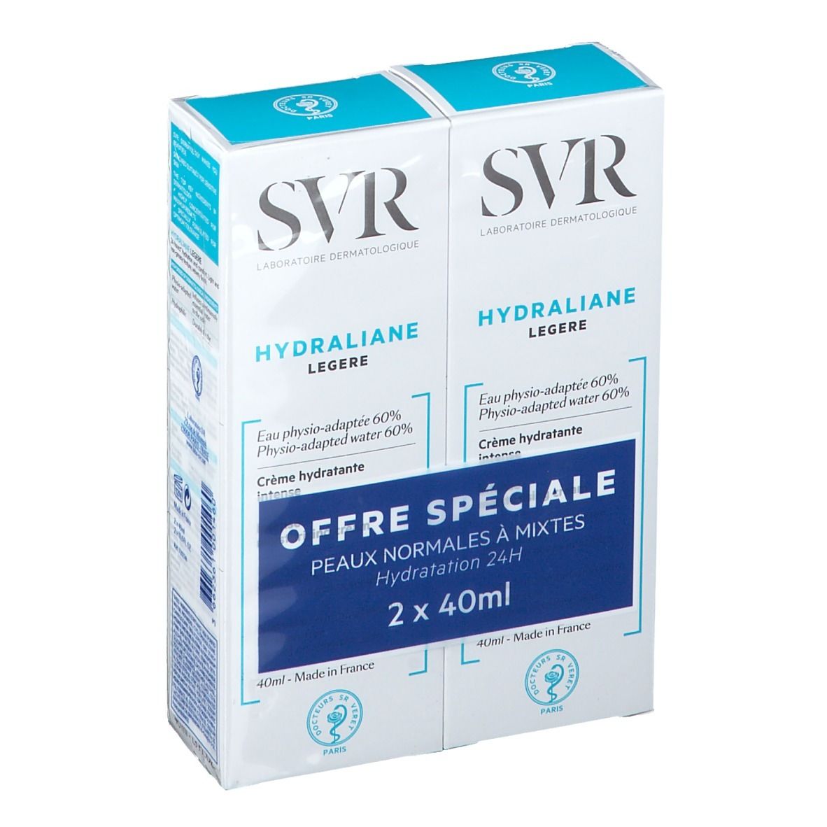 Duopack SVR Hydraliane Légère. Emballage blanc et bleu. Texte: Offre Spéciale, Peaux normales à mixtes, Hydratation 24H.