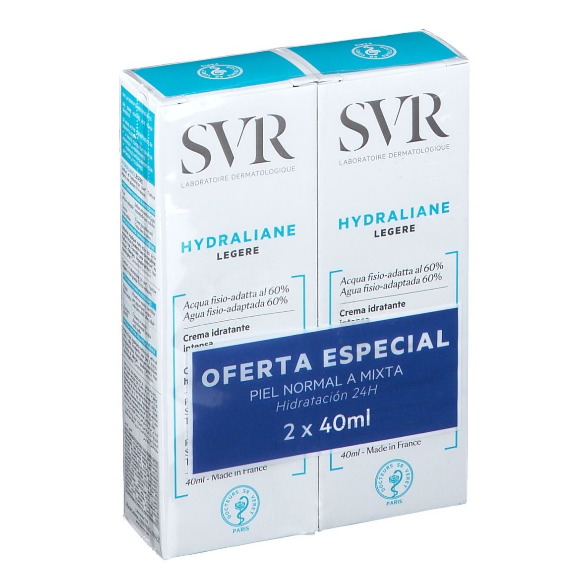 Duopack SVR Hydraliane Légère. Emballage blanc et bleu. Texte: Oferta Especial, Piel normal a mixta, Hidratación 24H.