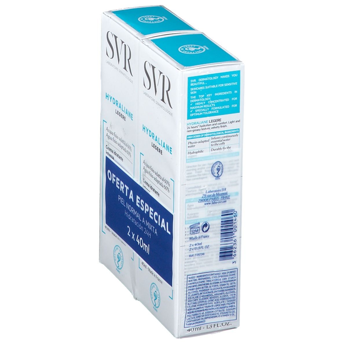 Duopack SVR Hydraliane Légère. Emballage blanc et bleu. Texte: Oferta Especial, Piel normal a mixta, Hidratación 24H. Vue latérale.
