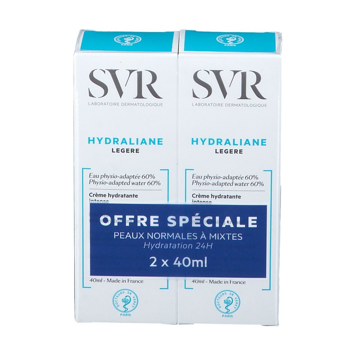 Duopack SVR Hydraliane Légère. Emballage blanc et bleu. Texte: Offre Spéciale, Peaux normales à mixtes, Hydratation 24H.