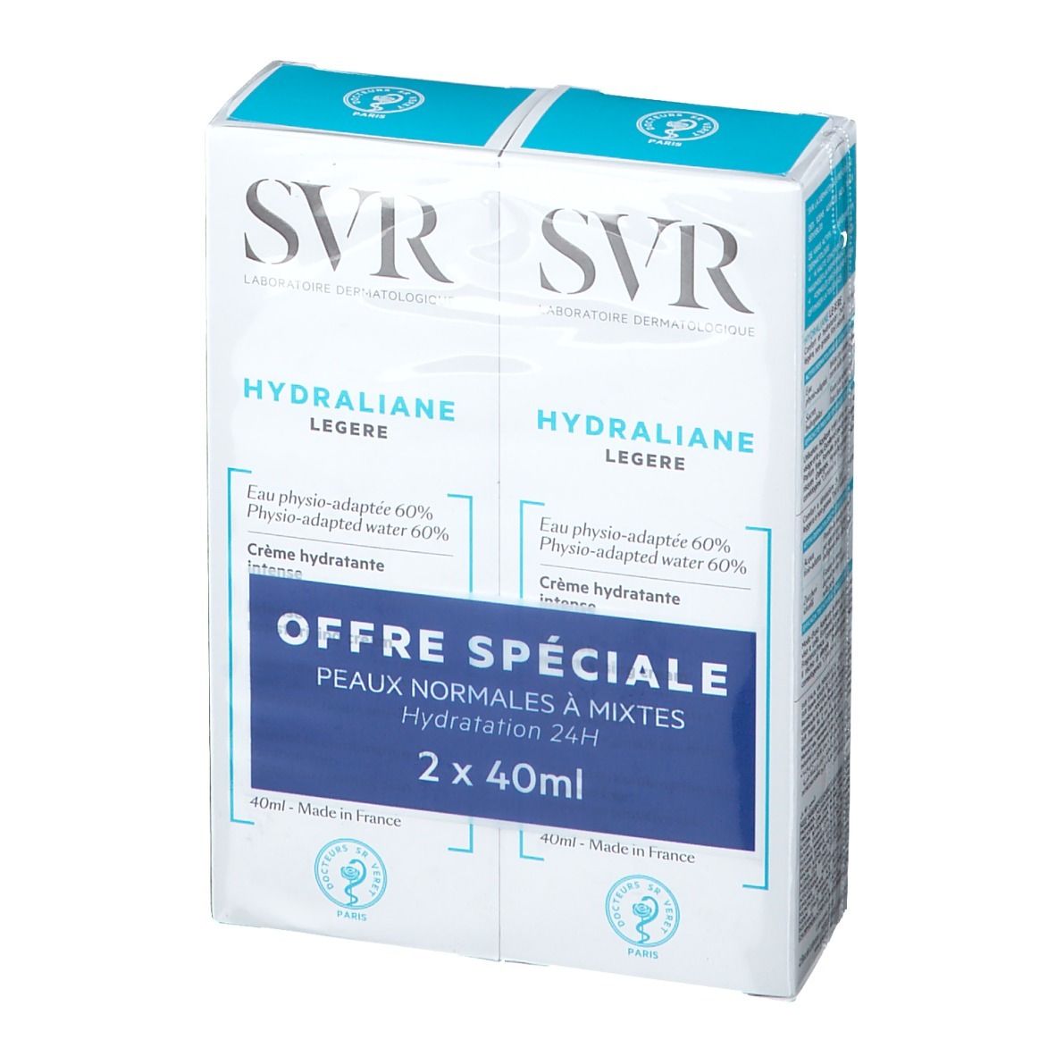 Duopack SVR Hydraliane Légère. Emballage blanc et bleu. Texte: Offre Spéciale, Peaux normales à mixtes, Hydratation 24H.
