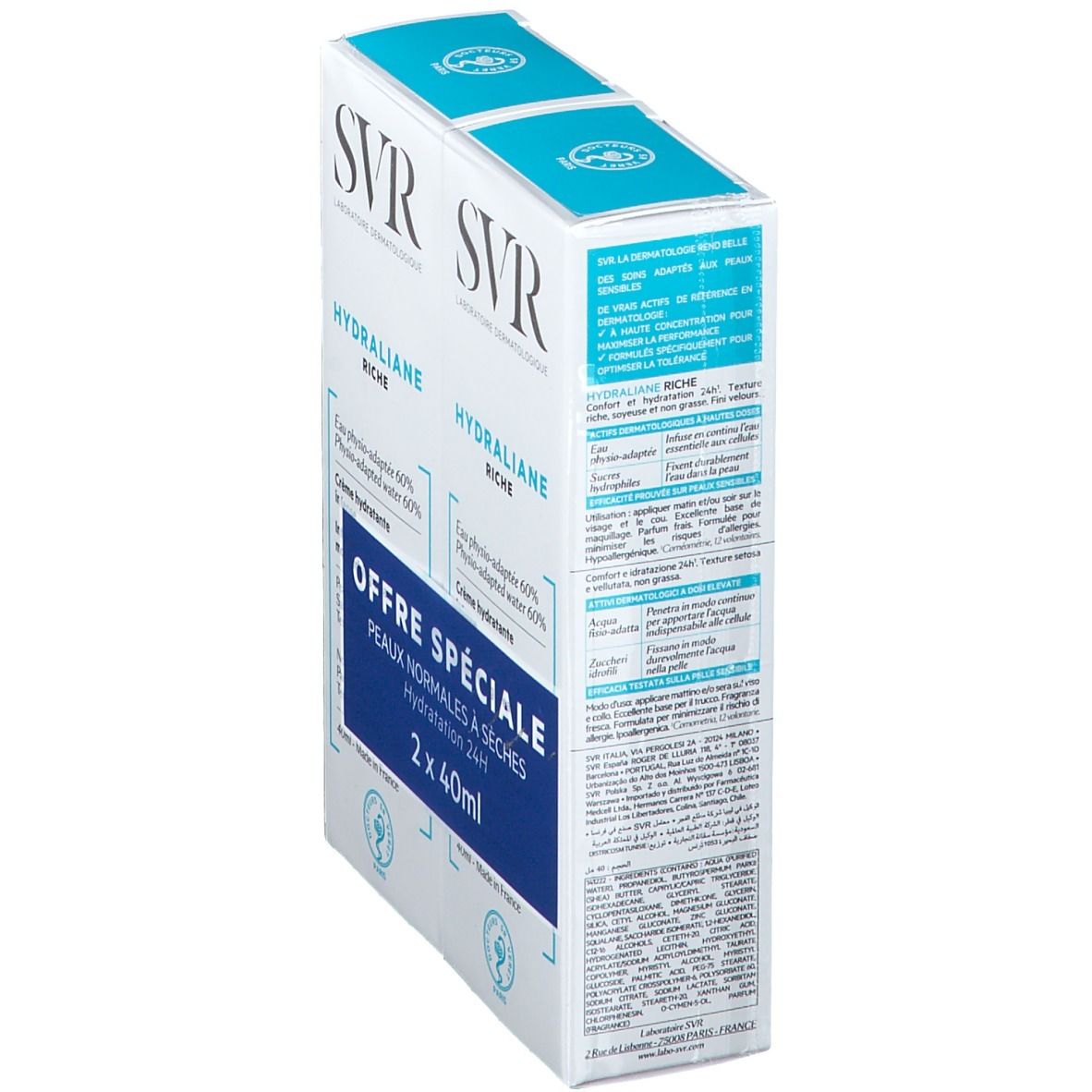 Pack double SVR Hydraliane Riche, vue oblique. Emballage blanc et bleu. Texte: Hydraliane Riche, Offre Spéciale, 2 x 40ml.