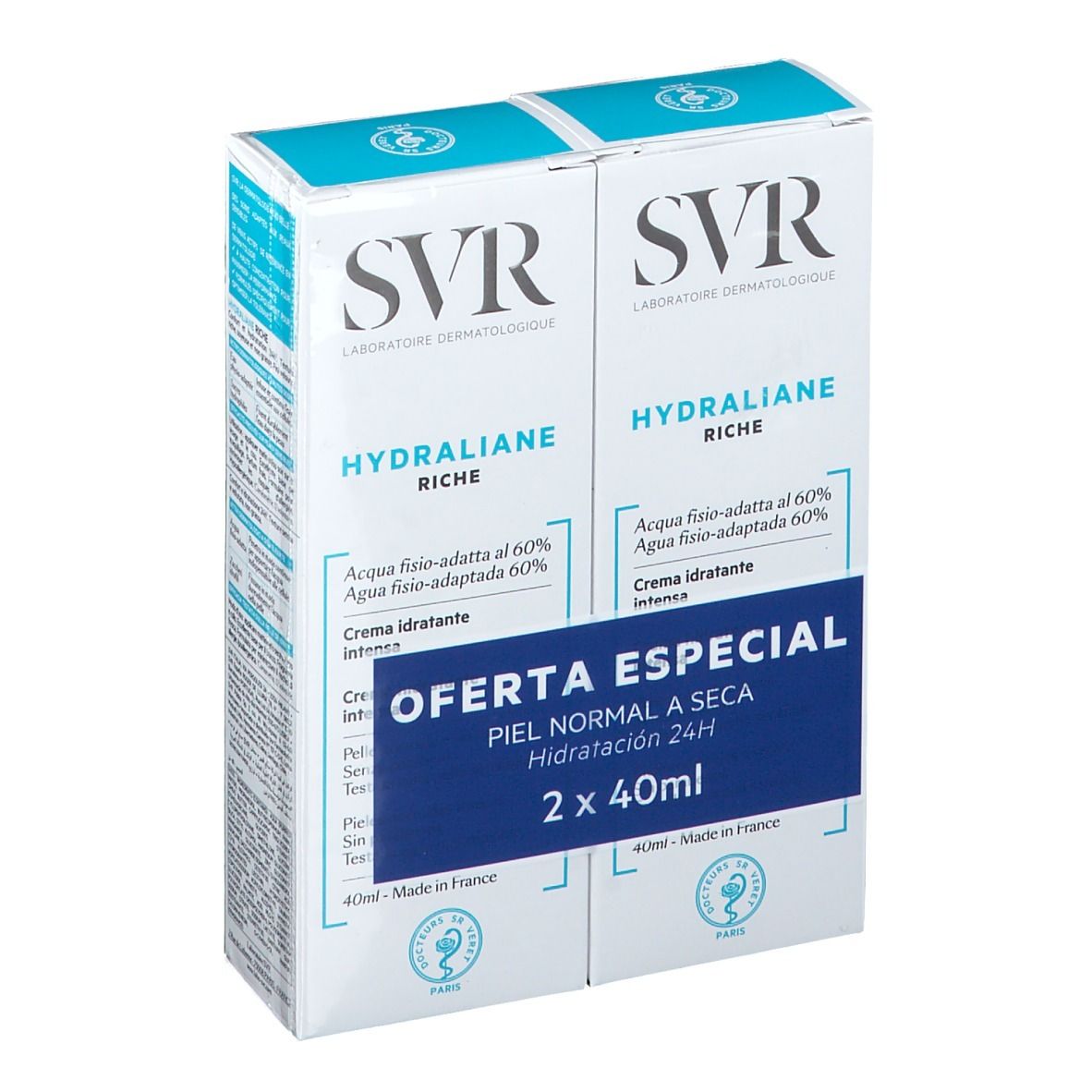 Pack double SVR Hydraliane Riche. Emballage blanc et bleu. Texte: Hydraliane Riche, Oferta Especial, 2 x 40ml.